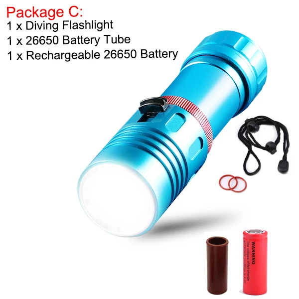 Package C Подводный фонарь L2 для дайвинга, профессиональный фонарь, 200 м, для подводного плавания, Диви, кемпинга, бесступенчатая, с затемнением, 18650 или 26650 - Испускаемый цвет: Package C
