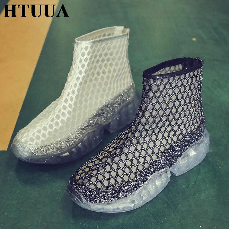 HTUUA/2019 женские босоножки из дышащей сетки Летняя обувь на платформе и танкетке