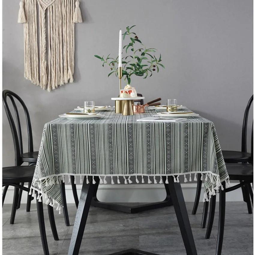 Ethnic Style Grey-green Striped Fringed Tablecloth Coffee Table Cover Rectangular Dining Cloth Oilproof Obrus Home Decor | Дом и сад
