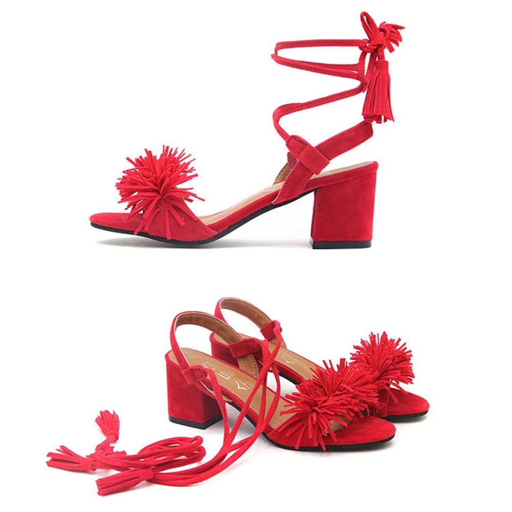 Однотонные туфли на толстом каблуке с открытым носком со шнуровкой бахромой