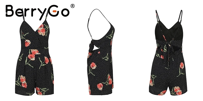 BerryGo, бохо на бретелях, v-образный вырез, принт, сексуальный комбинезон, комбинезон, открытая спина, бант, короткий комбинезон, женский, плиссированный, Сплит, Повседневный, летний, пляжный костюм