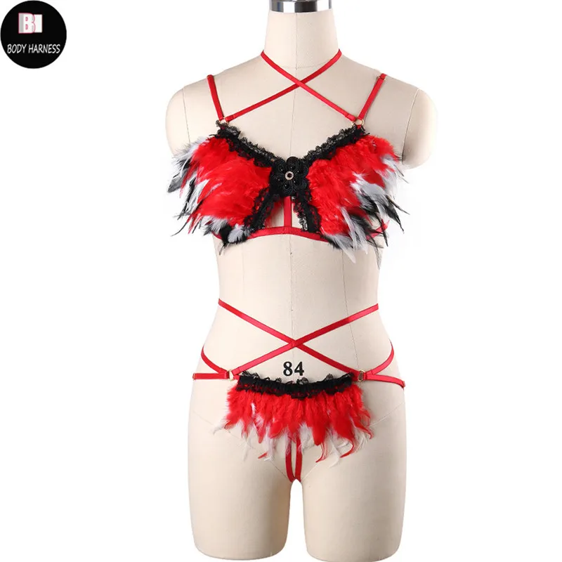 Танцевальный Костюм для шеста с красными перьями|Подвязки| |