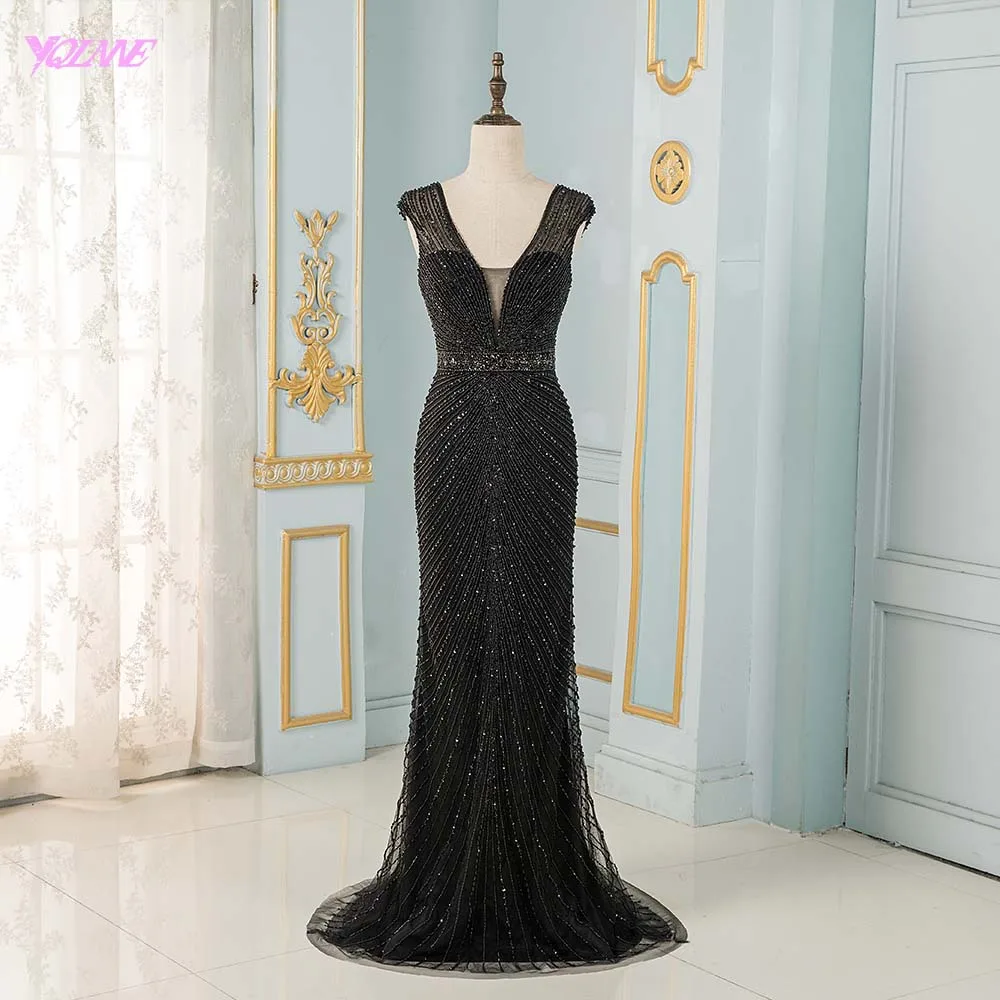 

YQLNNE Fashion Black Mermaid Evening Dresses Long Tulle Beading Formal Evening Gown Robe De Soiree