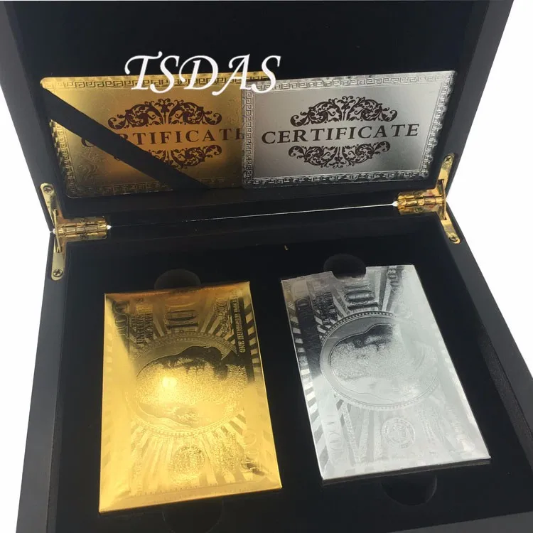 Роскошная 24k Золотая карточка для покера с двусторонней гравировкой 100 долларов США(золото и серебро) стиль, 2 набора золотых игральных карт с деревянной коробкой