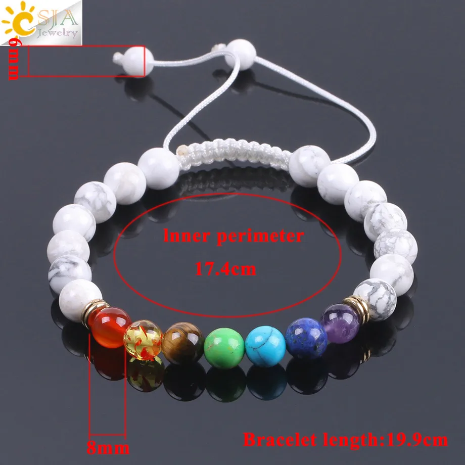 CSJA Ethnic White Howlite Beaded Bracelet Natural Gem Stone 7 Chakra Yoga Mala Beads Tibetan Buddhist Meditation Braid Rope F092 | Украшения