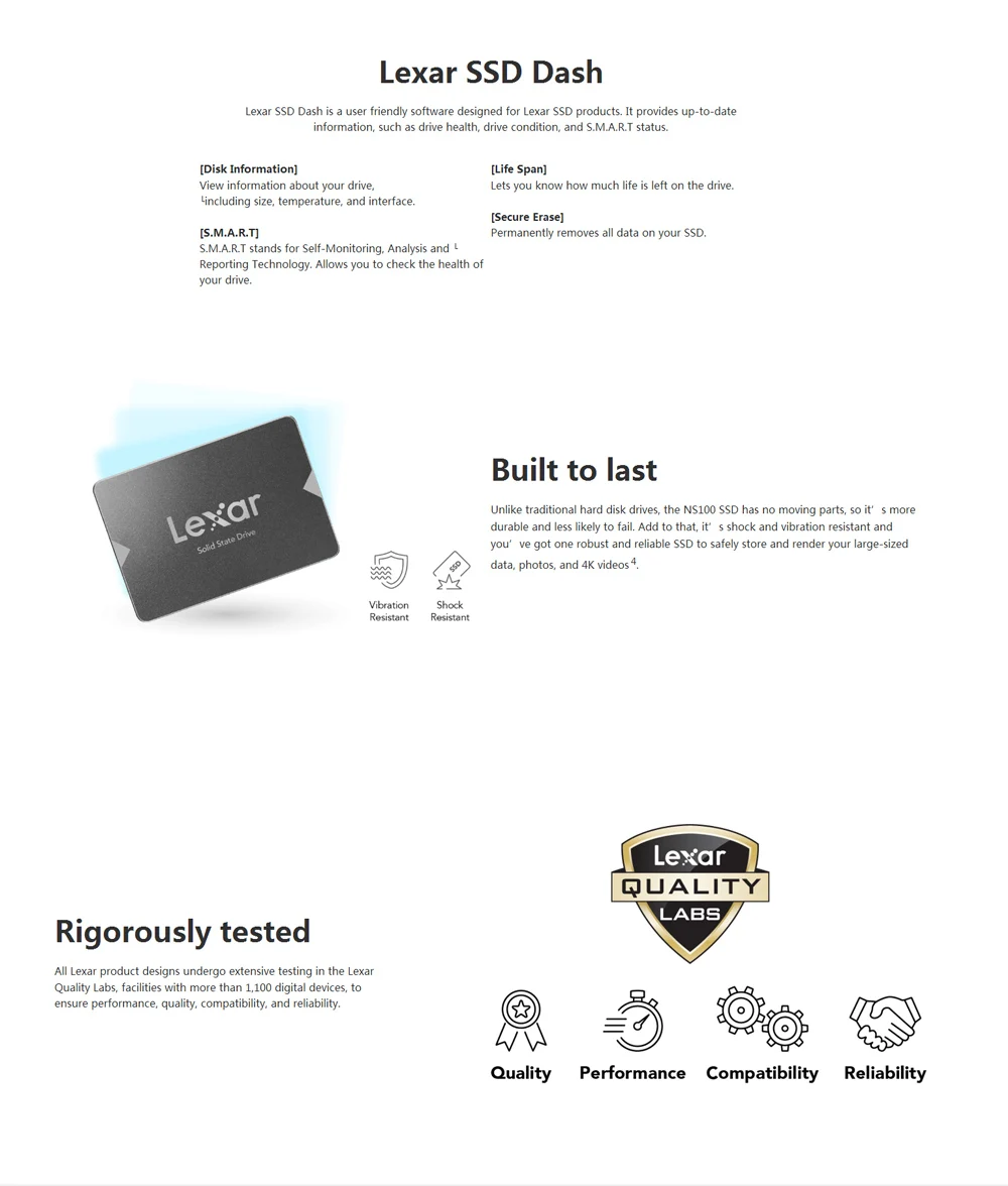 Lexar SSD скорость чтения Max 550 МБ/с. жесткий диск 128G 256G 512G SATA3.0 2," Внутренний твердотельный накопитель Жесткий диск для ноутбука LNS100