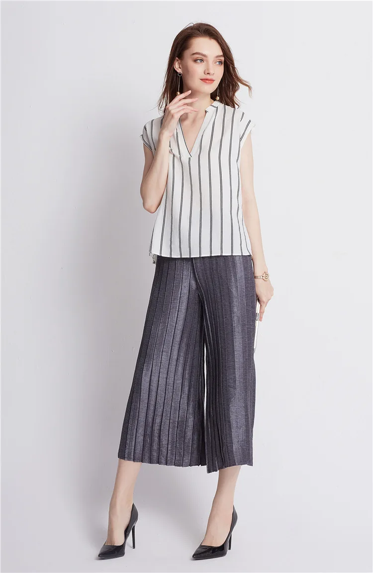 Issey Cropped Trousers Boutique Fashion Pleated Static Color Pants Wide Leg Casual Pants Jianing