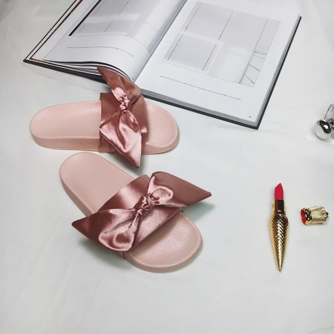 Женские дизайнерские сандалии с шелковым бантом летние розовые шлепанцы на