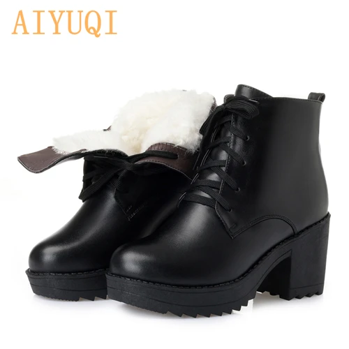 black wool AIYUQI ботинки на платформе; коллекция года; женские Ботинки martin из натуральной кожи; шерстяные толстые теплые зимние ботинки; женские военные ботинки; большие размеры - Цвет: black wool