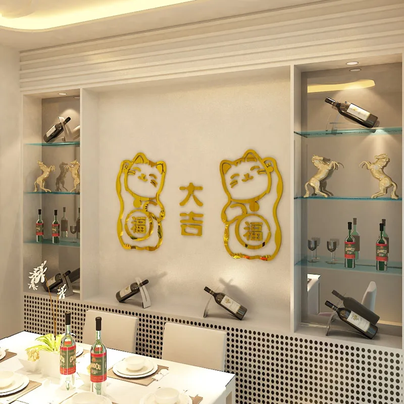 Золотой Цвет Lucky Cat зеркальная поверхность Стикеры акрил Наклейки на стену