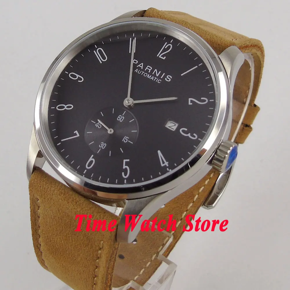 

42mm Parnis men's watch black dial silver hands Arabic numerals DATE 5ATM ST1731 Automatic movement wrist watch 954
