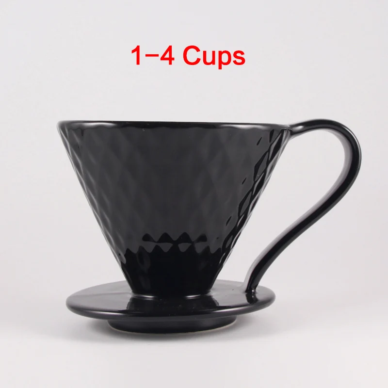 Black 1-4Cups Керамические кофейные фильтры V60, кофейная капельная чашка с фильтром, Алмазная форма, Перманентная наполняемая кофеварка с отдельной подставкой - Цвет: Black 1-4Cups
