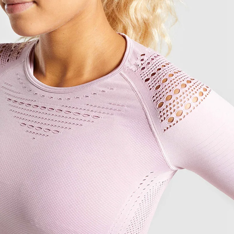 Pink SALSPOR женский бесшовный укороченный топ с длинным рукавом, для йоги, для спортзала, для бега, спортивная одежда для фитнеса, женские эластичные облегающие для тренировок Топы - Цвет: Pink