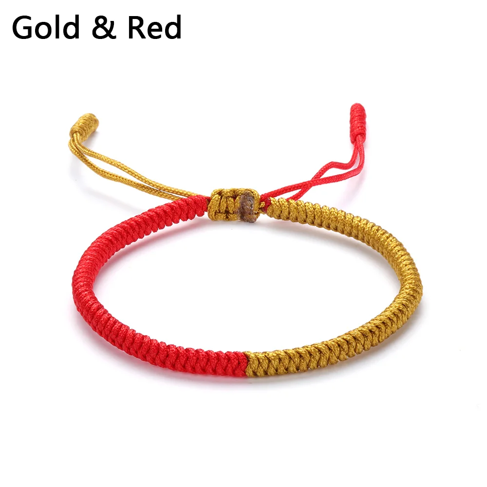 gold red Горячая ручной вязки Шелковый тканый ручной работы тибетский буддийский Узелок счастливая Веревка Браслет буддизм Регулируемый подарок дружбы - Окраска металла: gold red