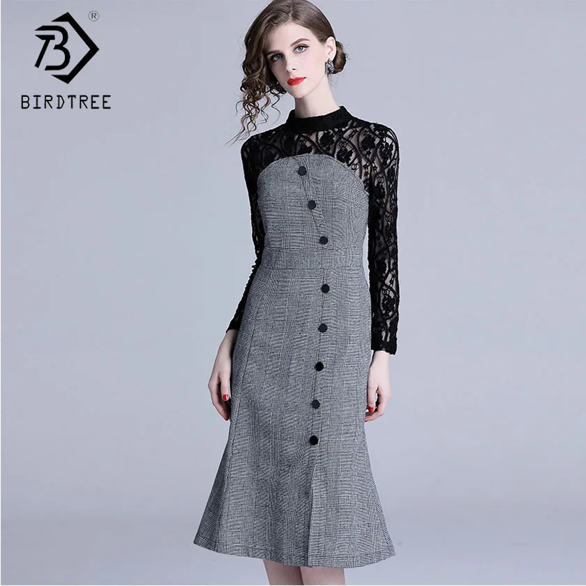 Новое весеннее женское лоскутное кружевное платье в клетку с пуговицами