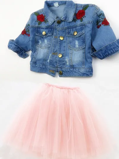 pink Г. Модные комплекты одежды для маленьких девочек джинсовые куртки и пальто с вышитыми цветами+ юбка-пачка зимняя детская верхняя одежда, брендовая детская одежда - Цвет: pink