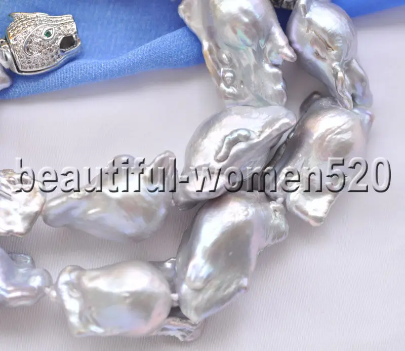 

Z8742 32mm gray Baroque Keshi Reborn PEARL Necklace Cougar CZ 17inch