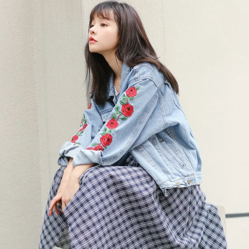 EXOTAO Rose Embroidery Denim Coat Women Autumn Washed Blue Jackets Vintage Lapel Casaco Loose Long Sleeve Abrigo Mujer Outwear | Женская