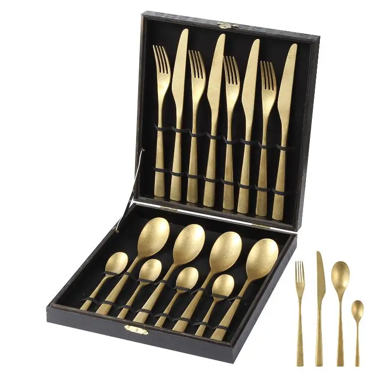 gold 16pcs for 1 box 24 шт./компл. Золотой делает старый столовые приборы Столовые сервизы посуда Нержавеющая сталь золото, столовая ложка, вилка, Ножи набор посуды ресторана - Цвет: gold 16pcs for 1 box