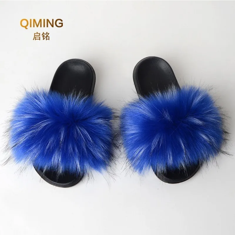 Women Summer Faux Fur Slippers Furry Fox Fur Sandals For Woman Indoor Shoes Fluffy Plush With Fur Slides Flip Flops Ladies Slide