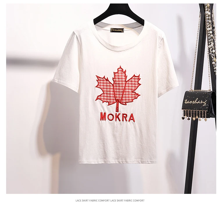 2019 летние женские Модные клиновых листьев футболка + клетчатая юбка комплекты из