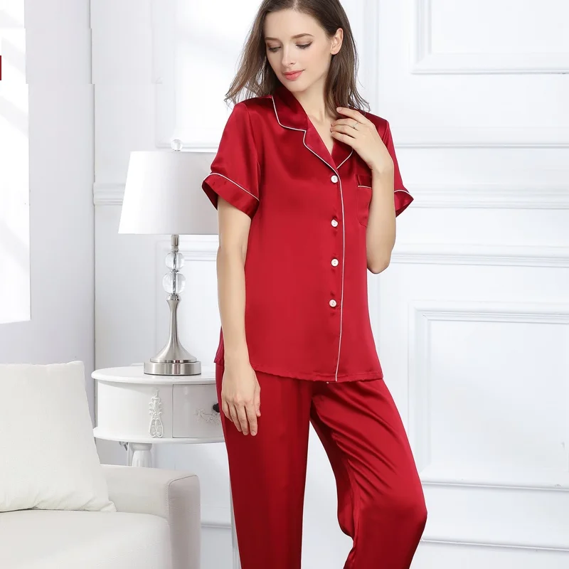 

Women's 100% Silk Stain Solid Red Pajamas Sets Summer Spring 2019 Woman Silk Sleepwear Homewear Two Piece Shirt and Pants Sets
