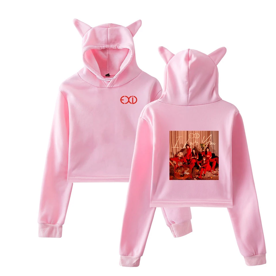 

EXID Fashion Printed Cat Cropped Hoodies Women Kpop Long Sleeve Hooded Pullover Crop Top 2019 Hot Sale Casual Streetwear Clothes