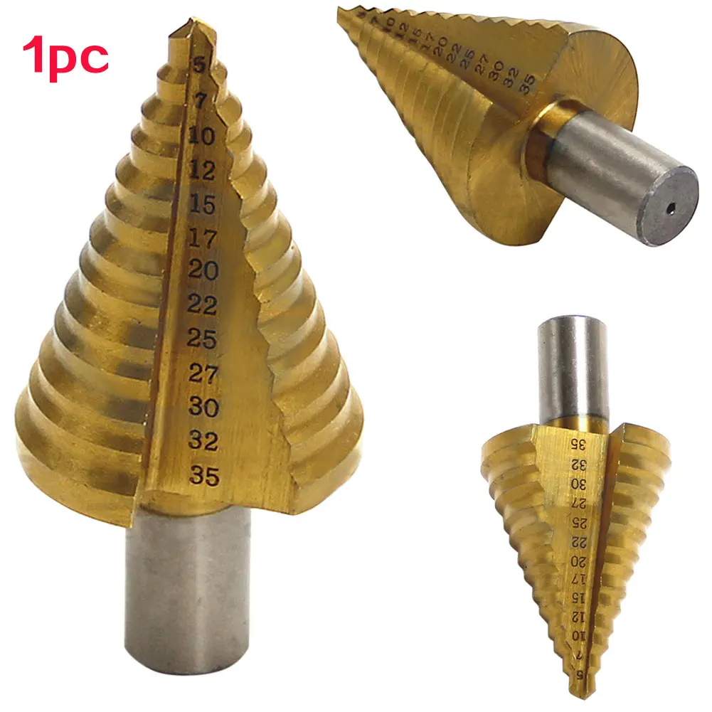 

NEW 13 Steps 5-35mm HSS Titanium Round Shank Step Wood Cone Drill Bit Multiple Hole Saw Cutter Drilling Tool