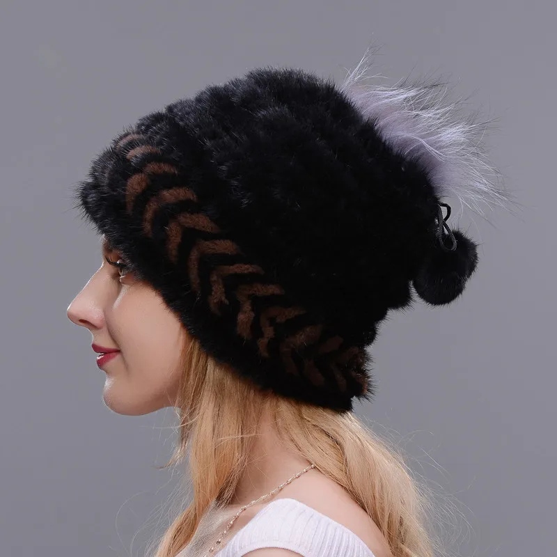 

New Style Winter Ear Warm Fur Hat For Women Spiral-weave Knitting Cap Real Natural Mink Fur Cap,Top Opening With Fox Fur Around