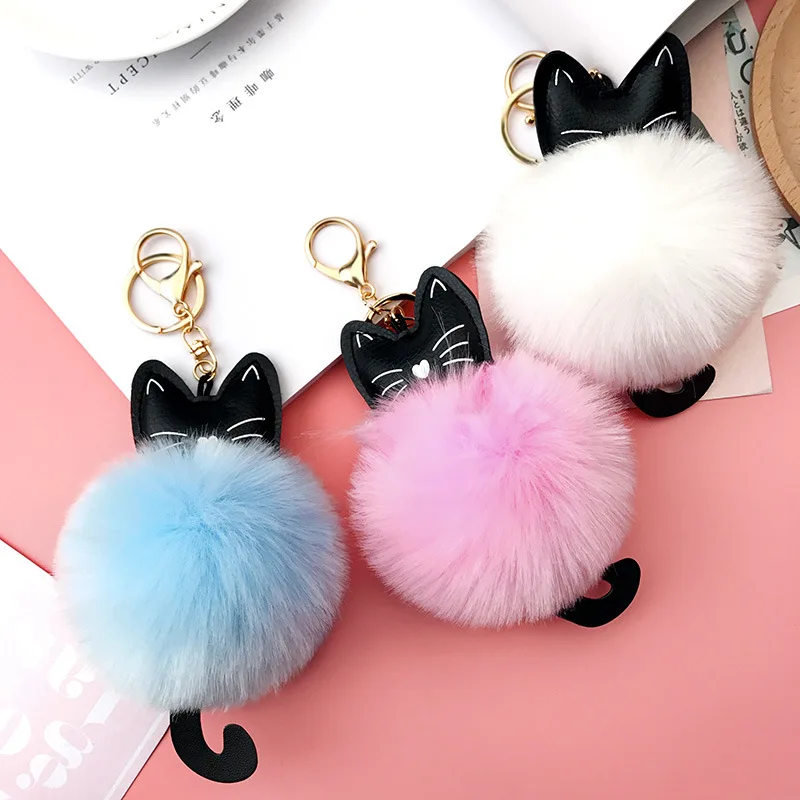 Брелок Подвеска из искусственного меха с помпоном в виде кота | Украшения и