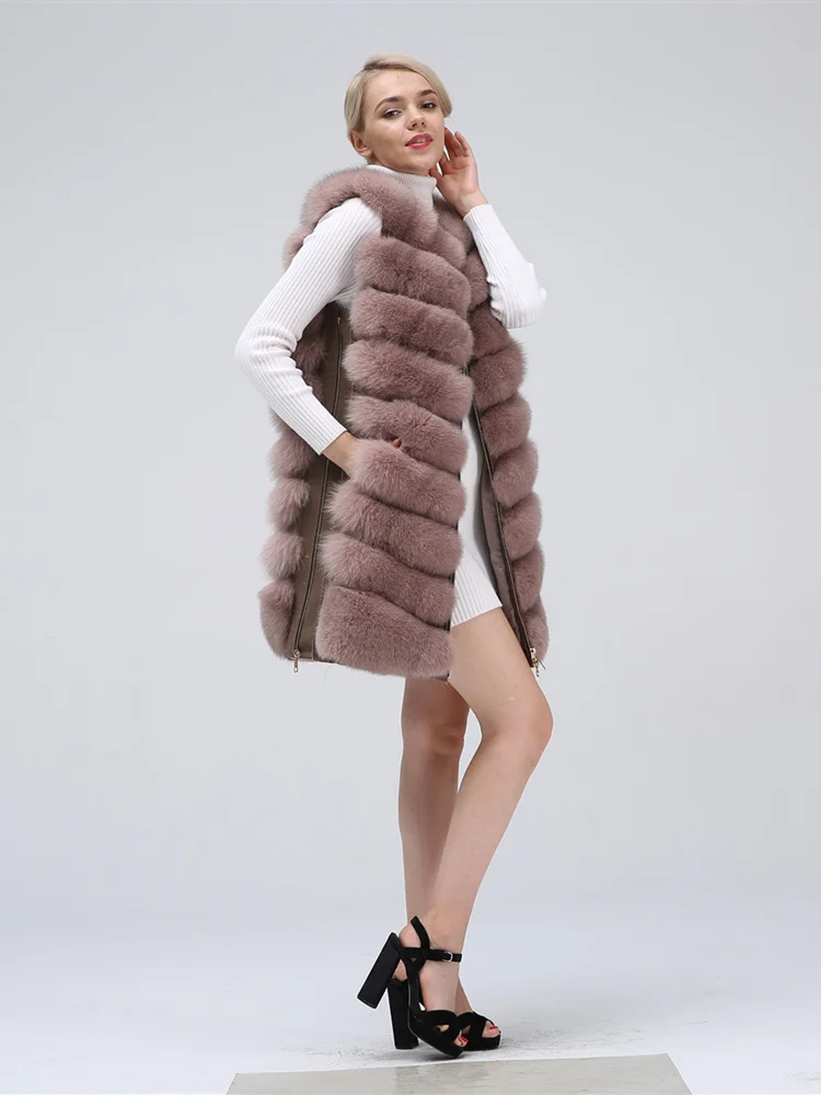 Хаки New Fashion Fox Fur Vest Zipper Real Fur Jacket Female Winter Warm Fur Coat High Quality Leather Vest Fur Fox - Цвет: Хаки