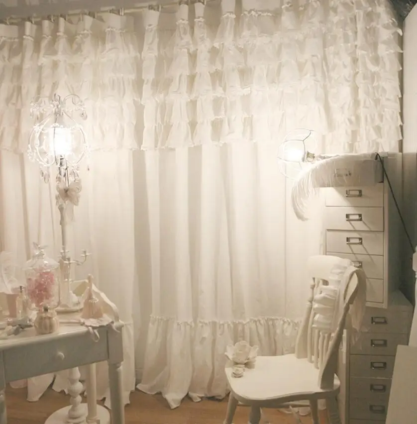 

Beautiful Cotton Blackout Curtain for Girl's Bedroom Princess Elegant White Curtain with Flouncing Cake Lace 100% Cotton Curtain