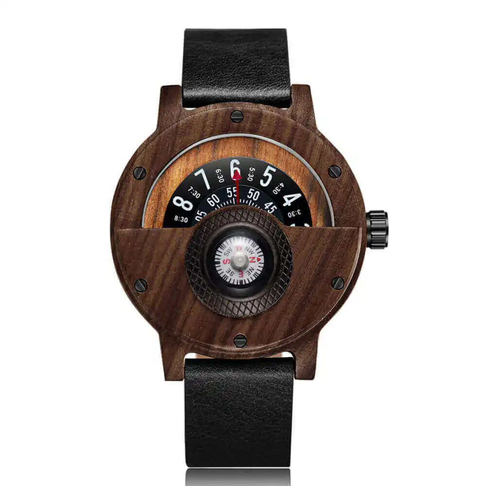 

Compass Wooden Watch Men Quartz Sports Turntable Wristwatches Casual Leather Strap Military Retro Wood Clock Gifts relogio