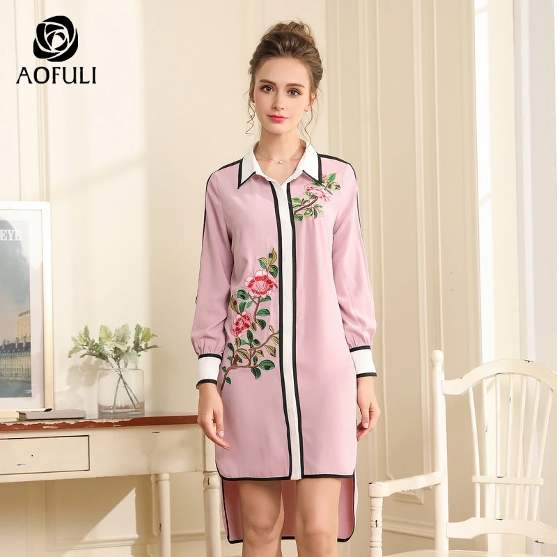 Платье AOFULI с цветочной вышивкой модное осеннее платье длинным рукавом l xxxl 4XL 5XL