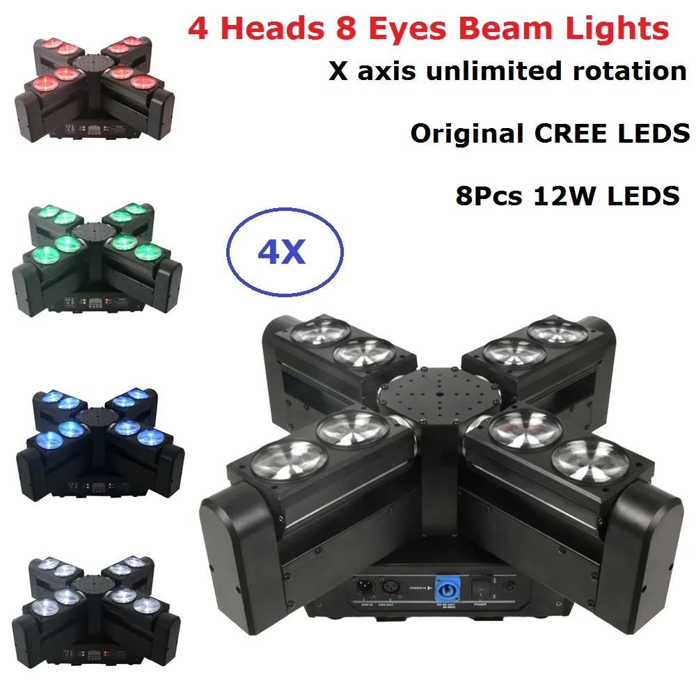 

4Pcs/Lot Free Shipping LED Beam Lights High Quality 8X12W RGBW Quad Color Moving Head Lights LED Disco Party DMX Stage Lights