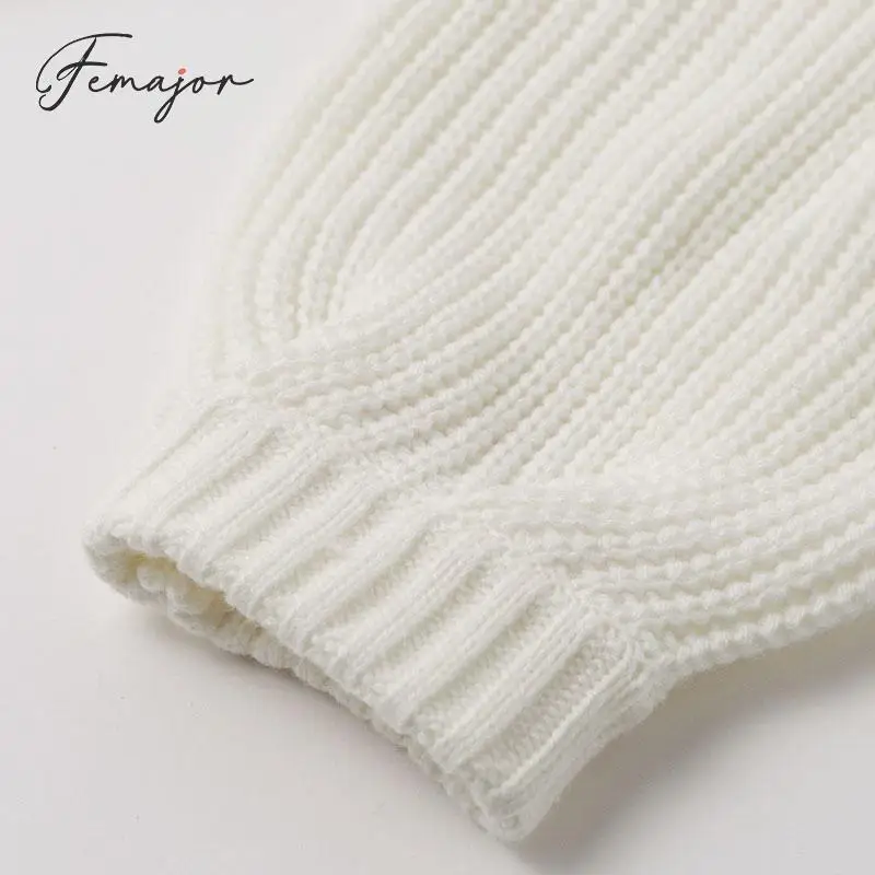 Femajor Women White Cardigans 2019 Autumn Winter Turn Down Collar Pockets Knitwear Fashion Lantern Sleeve Knitted Jacket |