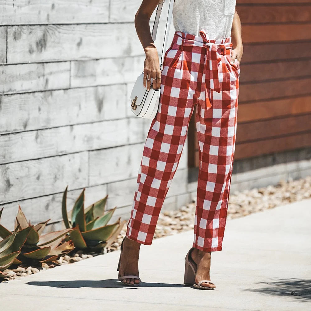 High Quality Women Fashion Autumn Plaid Waist Pants Ankle-Length Elegant Office Ladies Trousers Female | Женская одежда