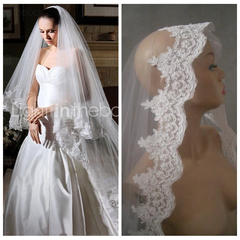 Длинная свадебная фата 3 м высокого качества с бусинами и жемчугом для церкви