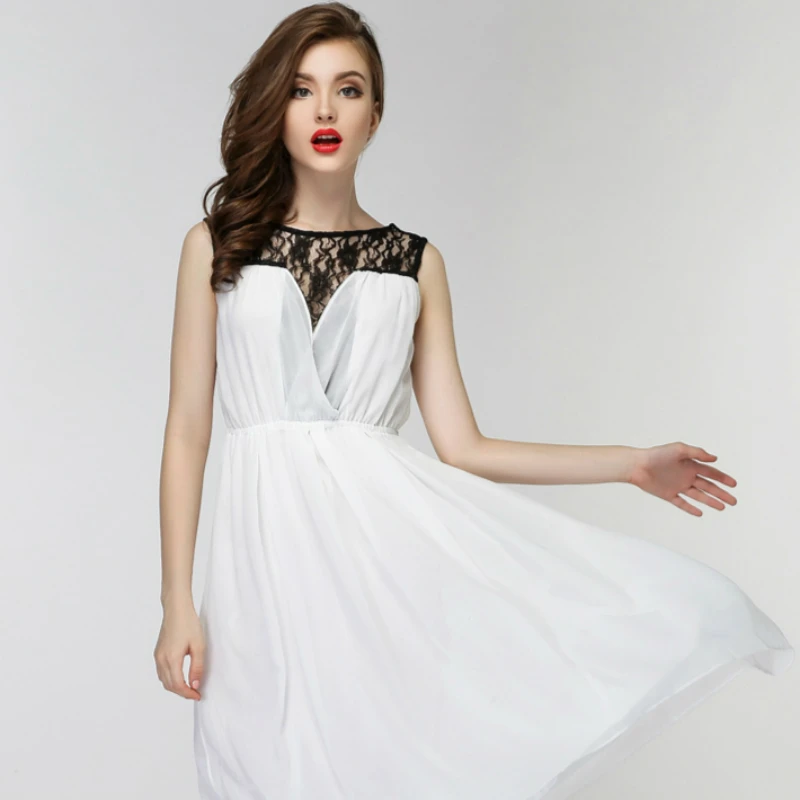 

Plus Size Women Chiffon Vestido Black Beach Dress Women Sleeveless Midi Casual Dress Women Big Swing Lace Dress De Festa Longo