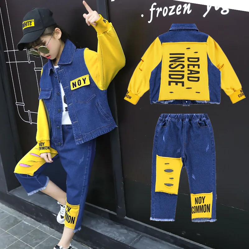 

Girls 'spring and autumn streetwear jeans set 2019 new fashion children's cloth sets hip-hop girls denim suit kids jean sets
