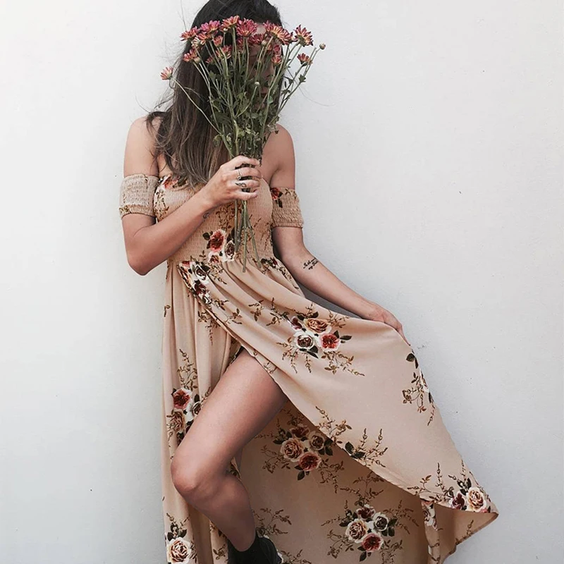 Boho Стиль длинное платье Для женщин Мода с плеча пляжные летние платья Цветочный