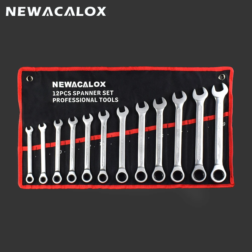 NEWACALOX, 12 шт./лот, фиксированная головка, трещотка, набор, профессиональный гаечный ключ, Комбинированные Инструменты, 8 мм-19 мм, ключи, трещотка, скейт, ручные инструменты