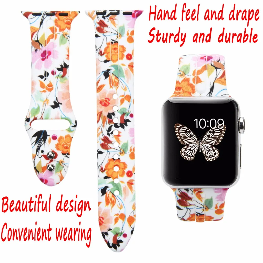 Мягкий силиконовый с цветочным рисунком ремешок для часов Bemorcabo для Apple Watch 4 3 2 1 aple Watch Band 38 мм 42 мм 44 мм браслет
