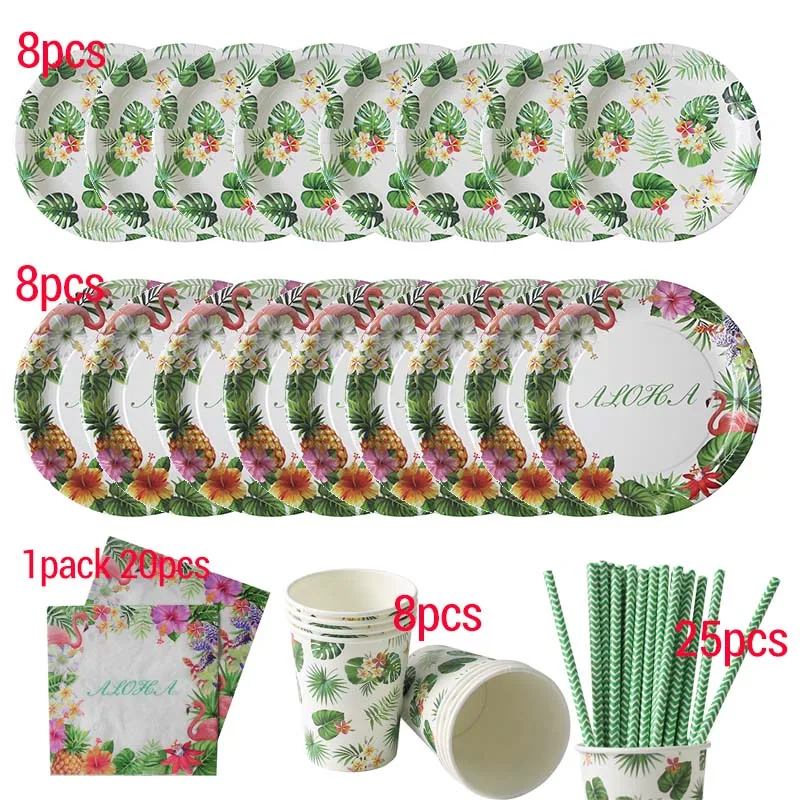 1set tableware Свадебные украшения для вечеринки в гавайском стиле Фламинго тропический вечерние поставки пальмовых листьев воздушные шары на день рождения сафари джунгли шарики для вечеринок - Цвет: 1set tableware
