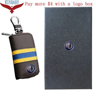 brown with logo box KUNBABY Топ Мужская/женская новая модная сумка для ключей от машины брелок чехол держатель для ключей из коровьей кожи кошелек для ключей для Alfa Romeo - Название цвета: brown with logo box