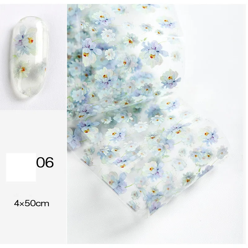 06 1 шт. розы Фольга для ногтей цветы лист прозрачный переводная Фольга наклейки красочный цветочный дизайн ногтей маникюр украшение 4*50 см - Цвет: 06