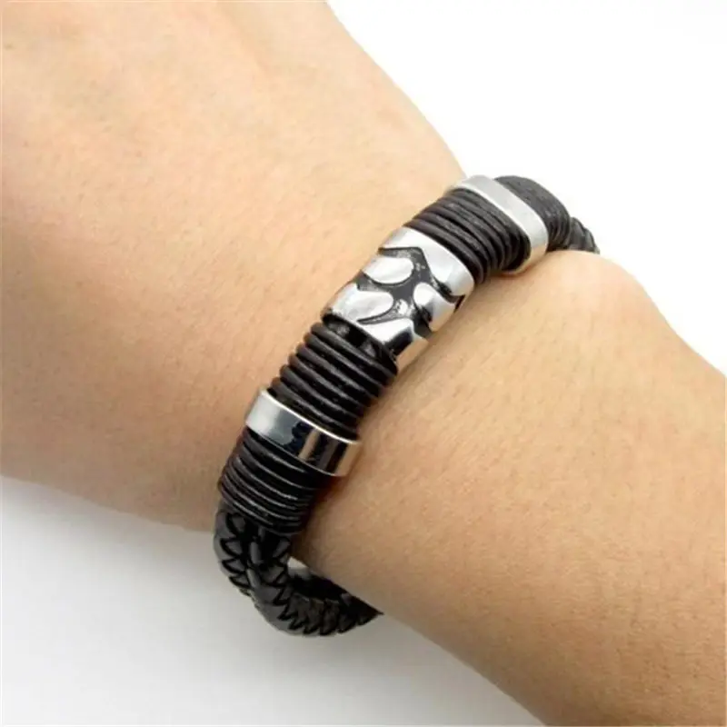 Черный вязаный кожаный браслет в стиле панк модная цепочка из нержавеющей стали