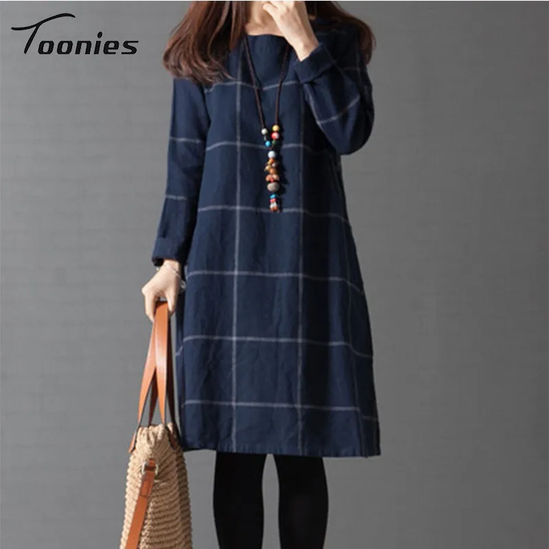 Летнее винтажное льняное платье 2019 плюс размер женское клетчатое свободное миди