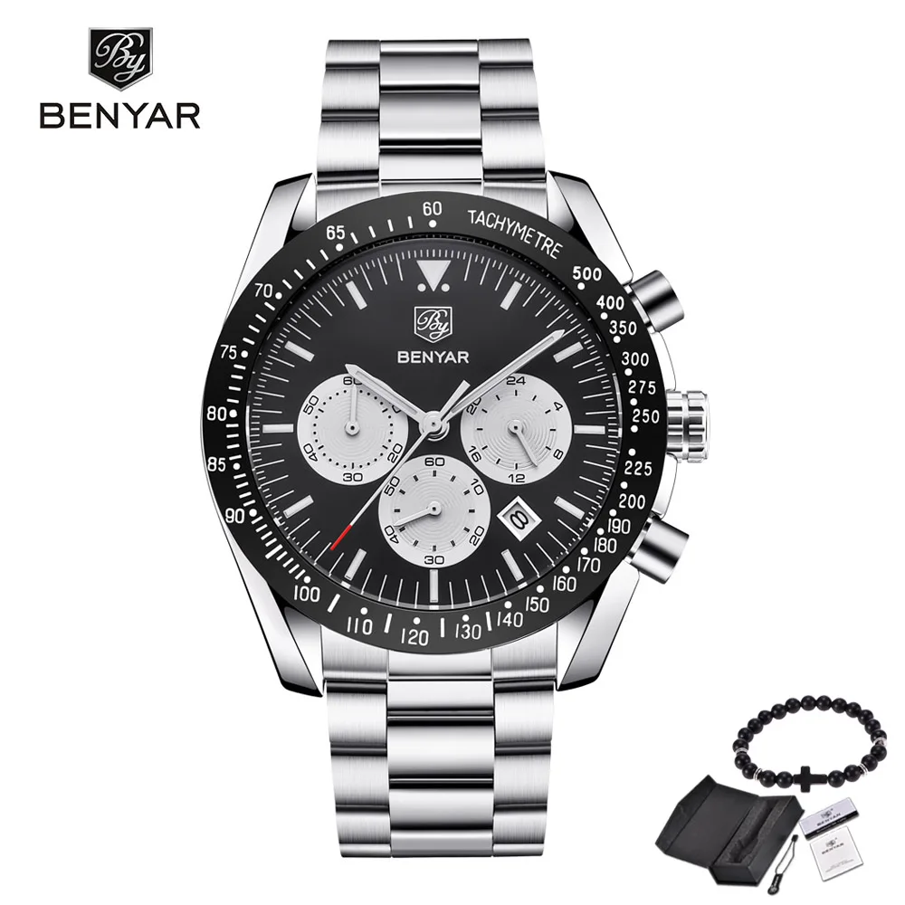 steel Silver black Топ люксовый бренд BENYAR мужские часы спортивные бизнес Стальные кварцевые часы повседневные мужские наручные часы с хронографом Relogio Masculino - Цвет: steel Silver black