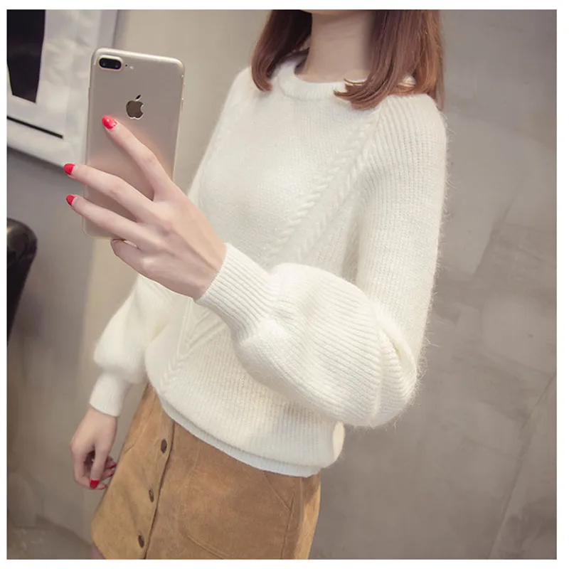 Свитер Женский вязаный однотонный с круглым вырезом свободный зима-осень 2019 |